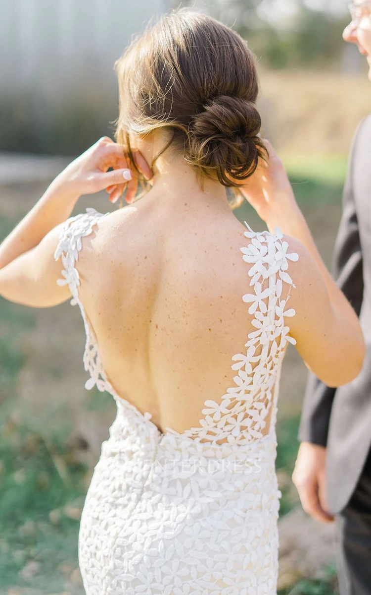 Vintage Sheath V-neck Lace Wedding Dress With Deep-V Back