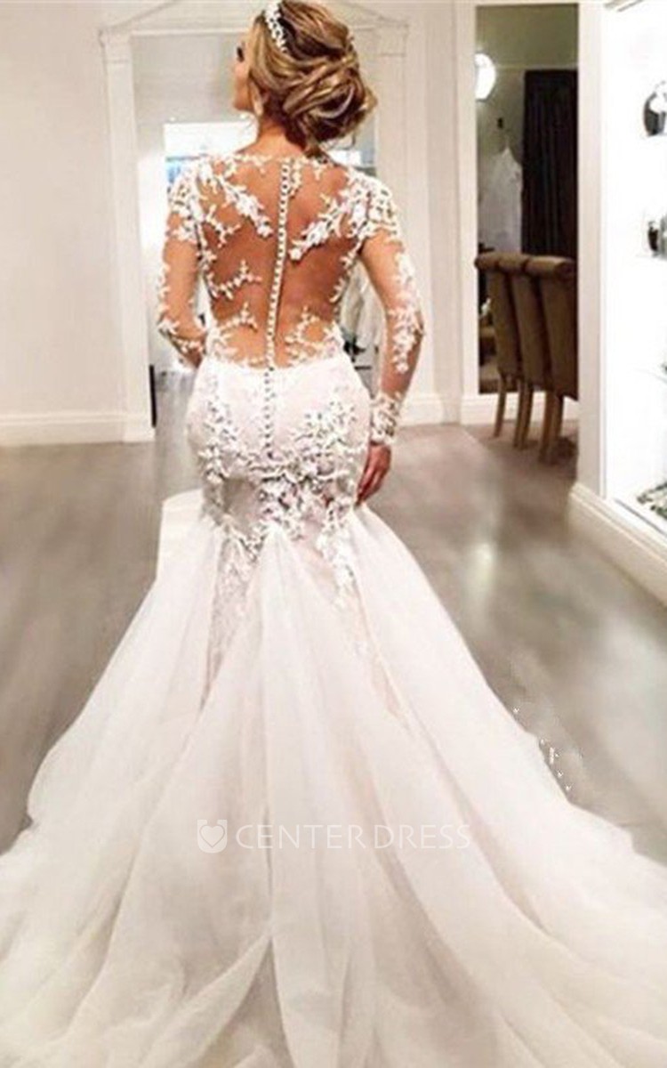 Long sleeve lace on sale wedding dress long train