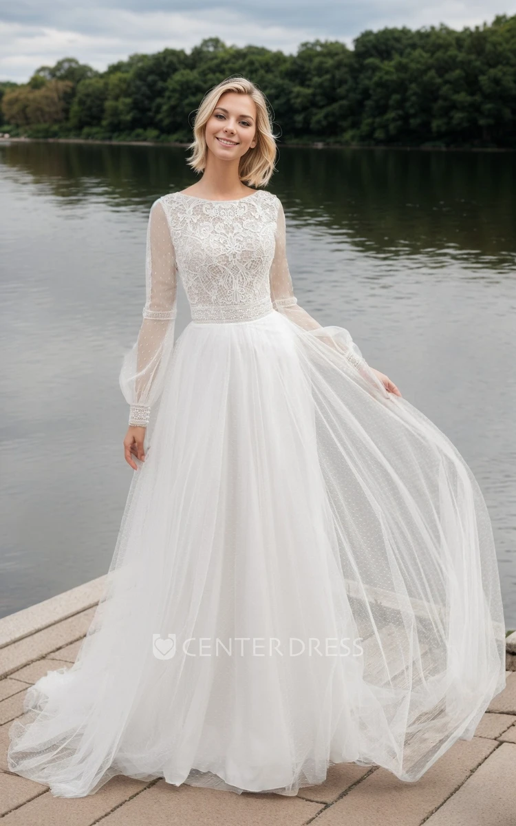 A-line Ethereal Boho Lace Wedding Dress with Long Sleeves Bateau Square Bridal Gown