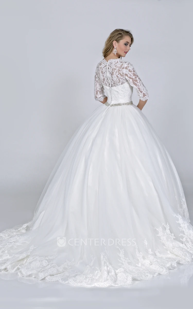 Half Sleeve Lace And Satin Ball Gown With Crystal Detailed Waist