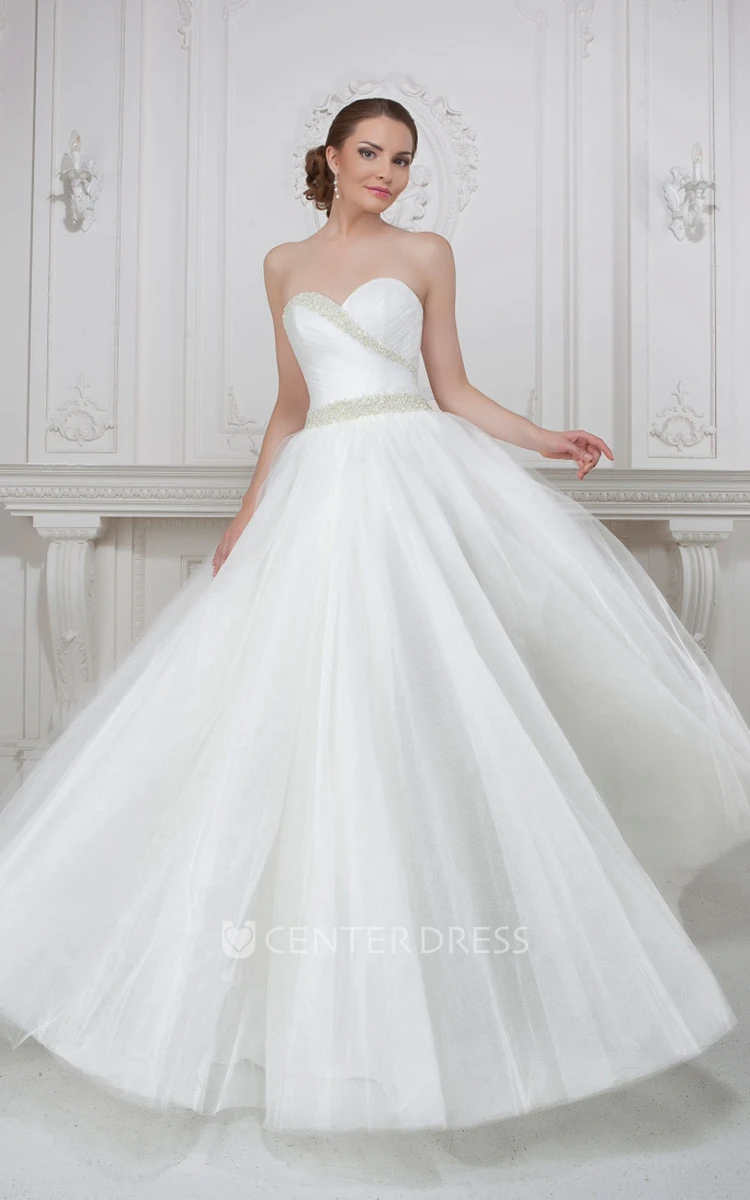A-Line Maxi Sweetheart Criss-Cross Sleeveless Tulle Wedding Dress With Beading And Pleats