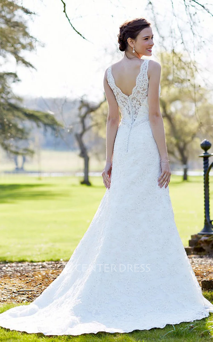Sheath Floor-Length Sleeveless Appliqued V-Neck Lace Wedding Dress With Waist Jewellery