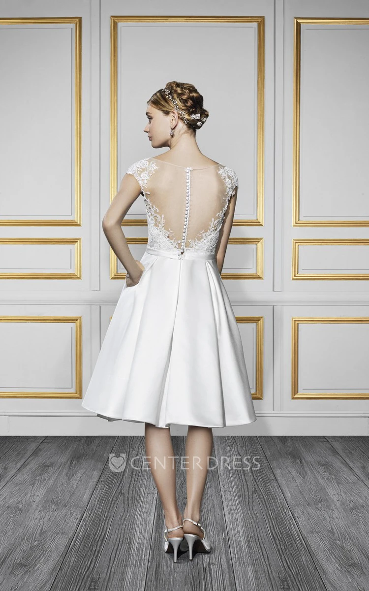 Scoop Midi Bowed Satin Wedding Dress With Appliques And Illusion