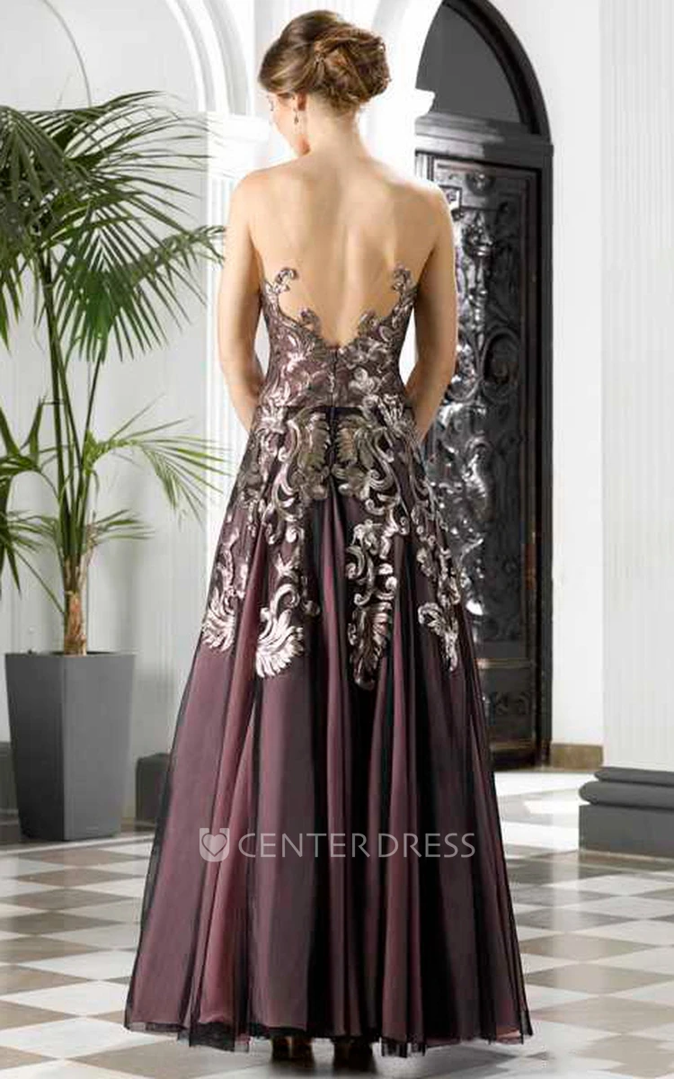A-Line Appliqued Sleeveless Maxi Prom Dress With Pleats And Deep-V Back