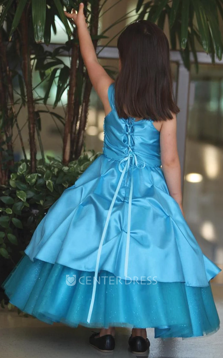 Ankle-Length Tiered Beaded Tulle&Lace Flower Girl Dress With Sash