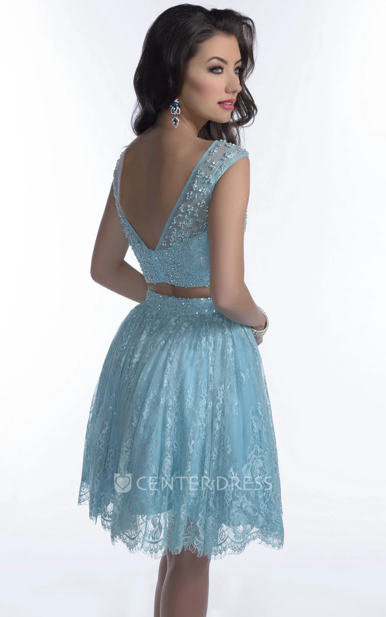 Two-Piece A-Line Prom Dress With Beaded Bodice And Lace Skirt