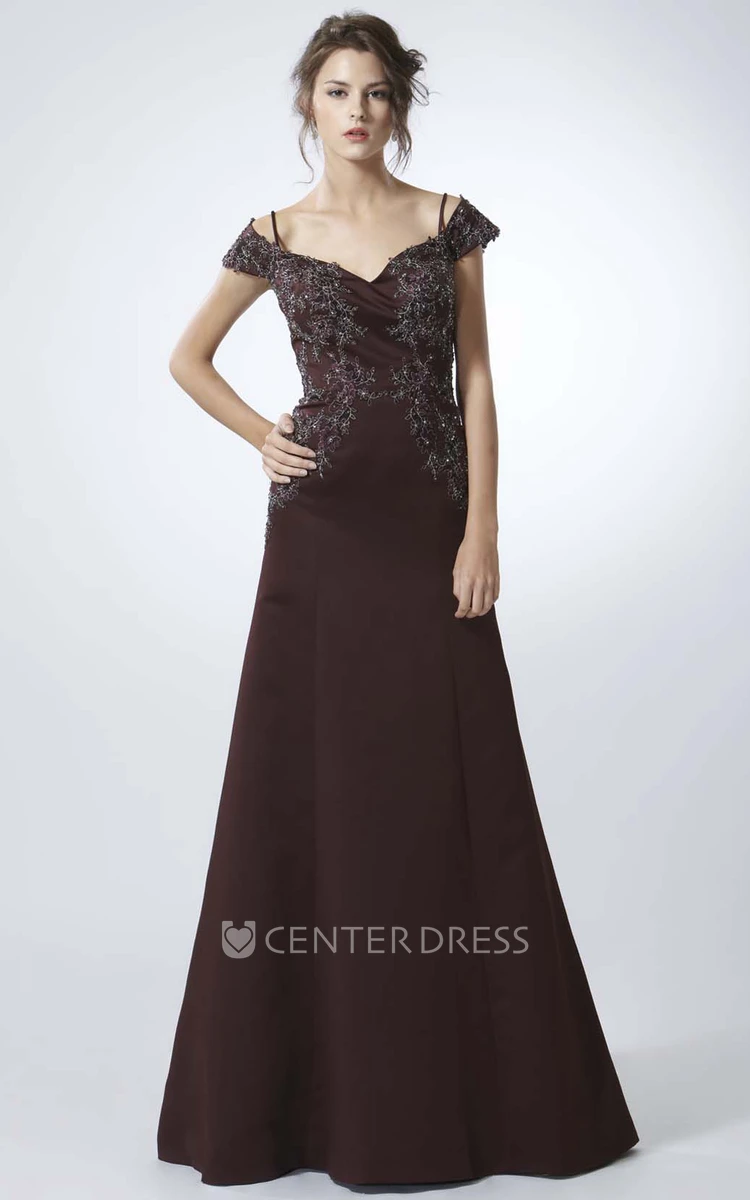 A-Line Appliqued Spaghetti Cap-Sleeve Floor-Length Chiffon Prom Dress With Low-V Back