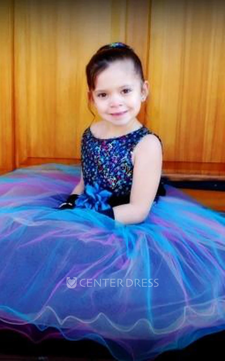 Tea-Length Pleated Tiered Sequins&Satin Flower Girl Dress