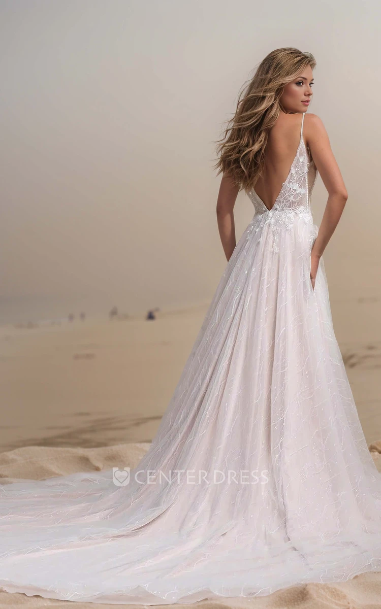 Beach Ethereal A-Line Boho Lace Wedding Dress with 3D Flowers Fairy Sparkly Sequins Spaghetti Straps Sleeveless Split Front Bridal Gown