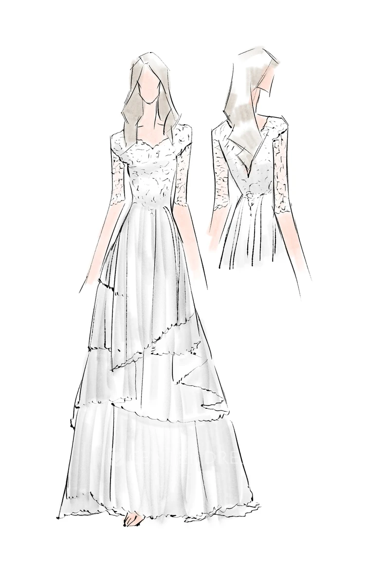 Bohemian A Line Half Sleeve V-neck Lace Country Wedding Dress