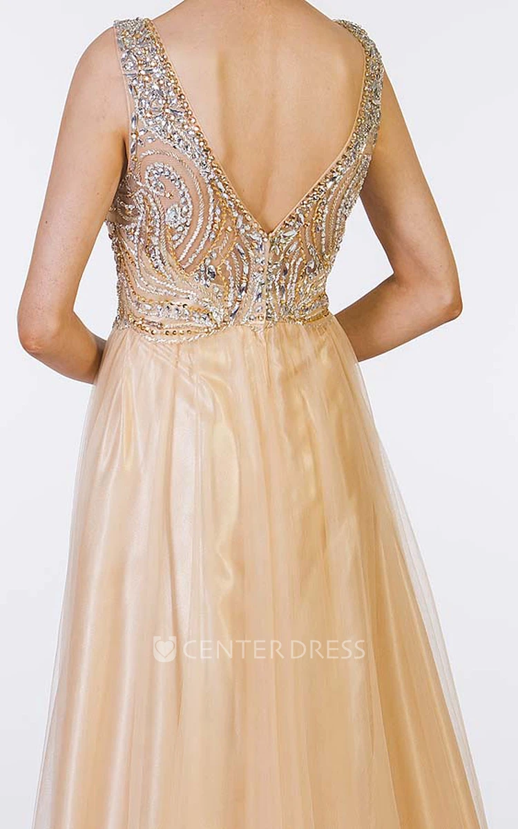 A-Line Scoop-Neck Sleeveless Floor-Length Beaded Tulle Prom Dress