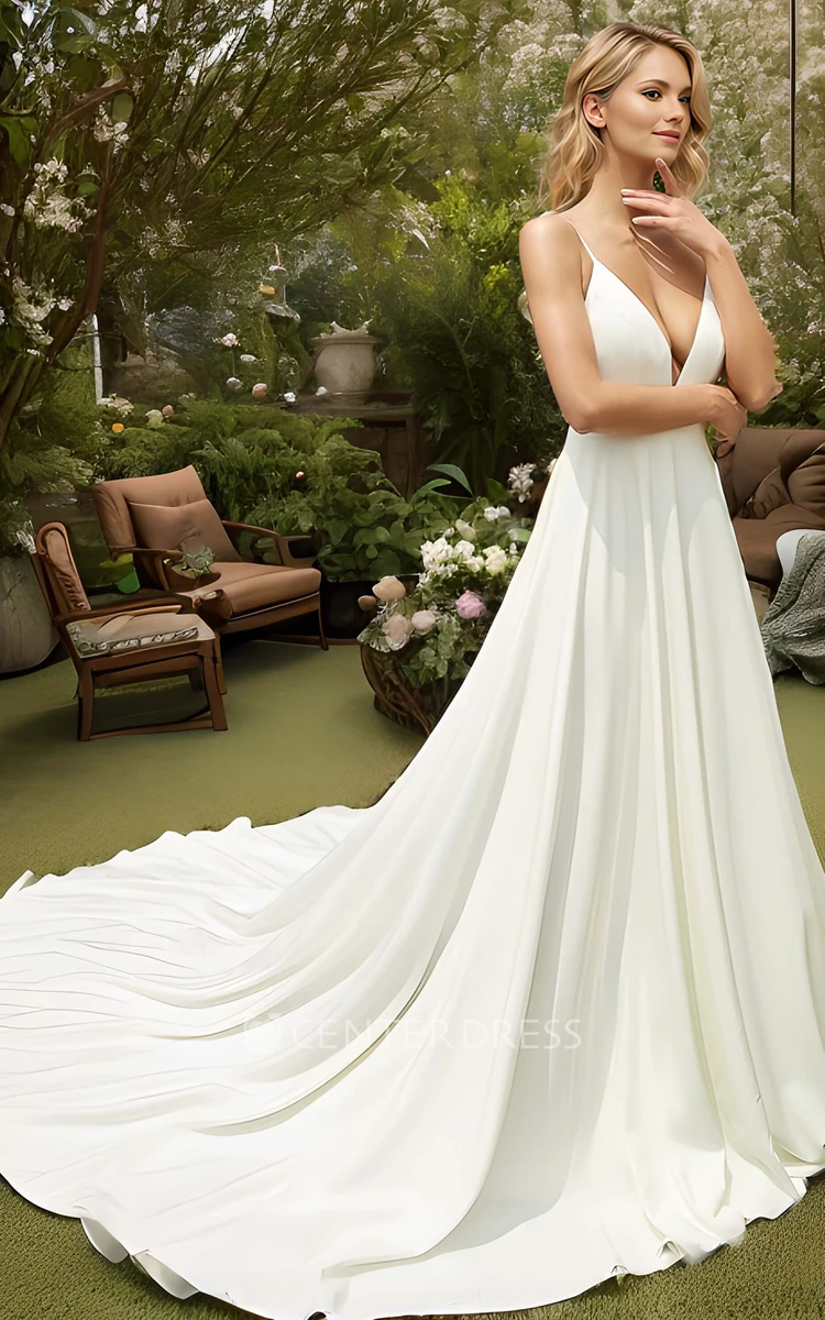 Elopement Garden Beach Country A-Line Satin Wedding Dress with Lace Button Back and Cathedral Train