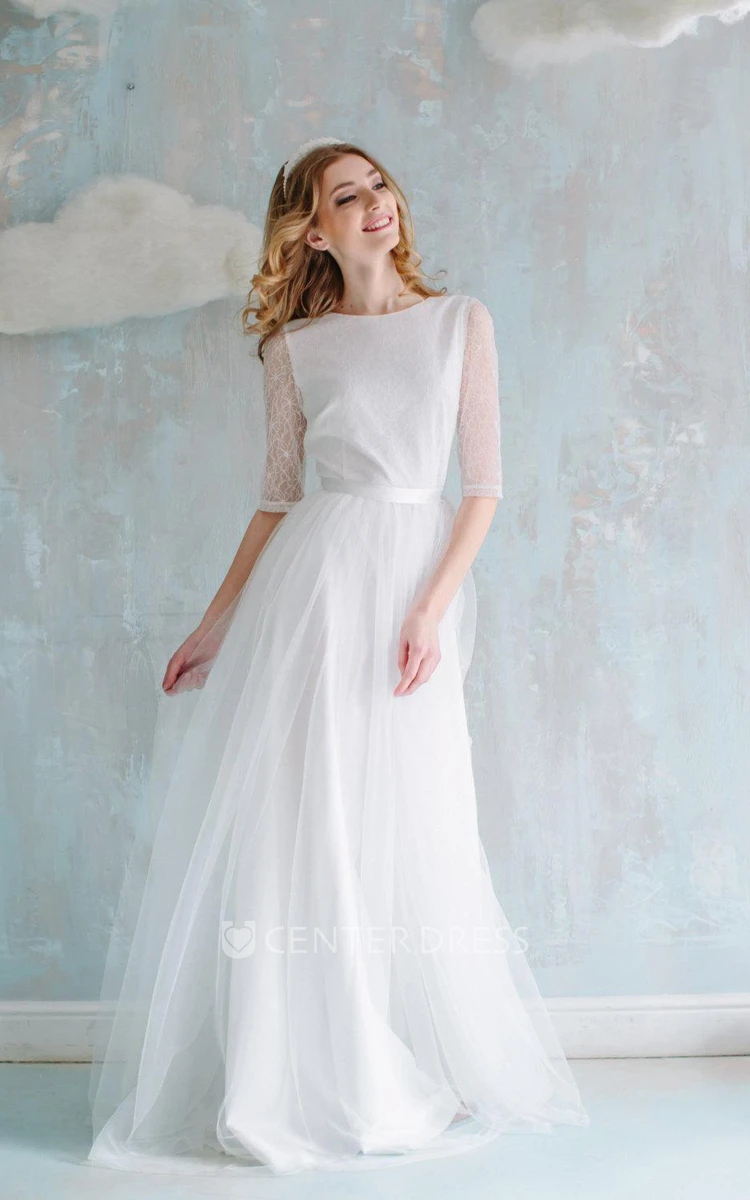 A-Line Long Tulle Lace Satin Dress With Flower Button
