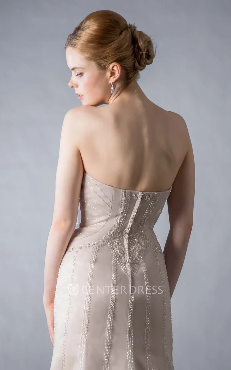 Sheath Beaded Sweetheart Sleeveless Tulle Wedding Dress With Brush Train