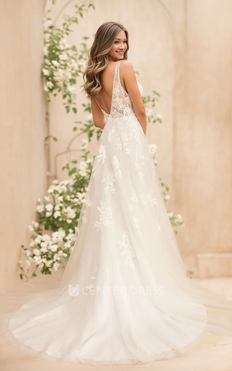 Flowy Princess A-Line Boho Lace Side Slit Wedding Dress Fantasy Sexy Deep-V Back Plunging Neckline Bridal Gown with Court Train