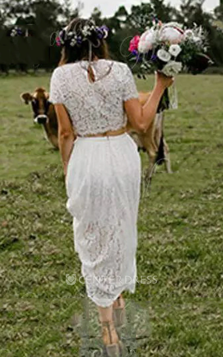 T-shirt Short Sleeve Jewel A-Line Sheath Lace Lace-up Corset Back Wedding Dress