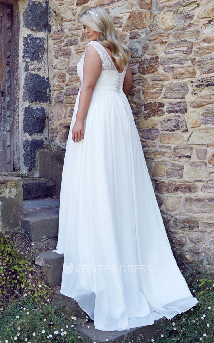 Sheath Scoop-Neck Sleeveless Floor-Length Jeweled Chiffon Plus Size Wedding Dress With Appliques And Corset Back