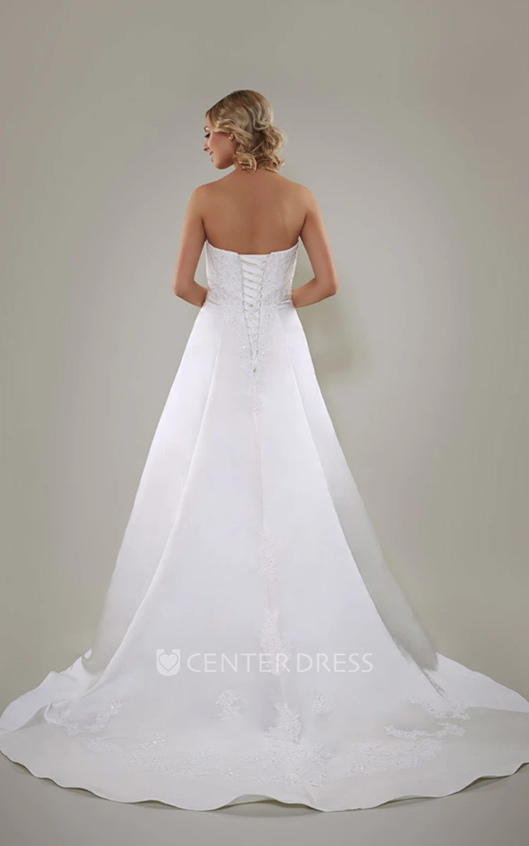 A-Line Sleeveless Strapless Floor-Length Appliqued Satin Wedding Dress With Lace-Up Back And Side Draping