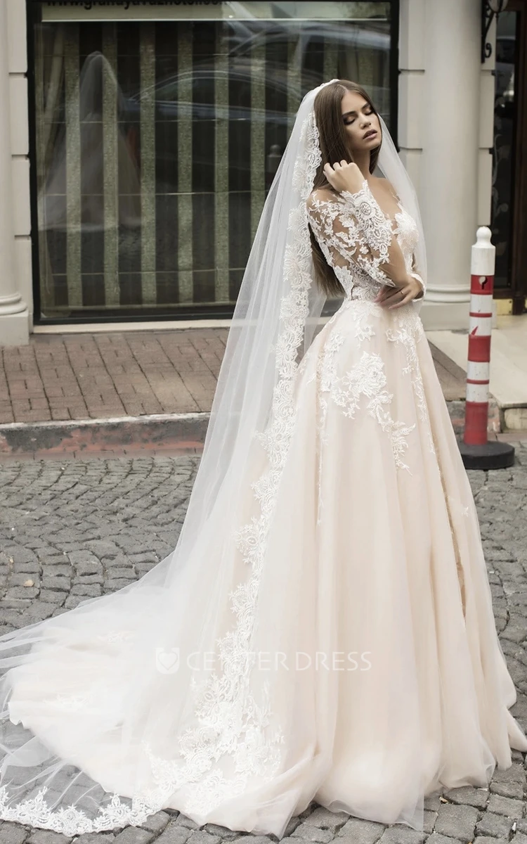 Romantic Lace V-neck A-Line Wedding Dress Garden Bride Elegant Sleeves Appliques