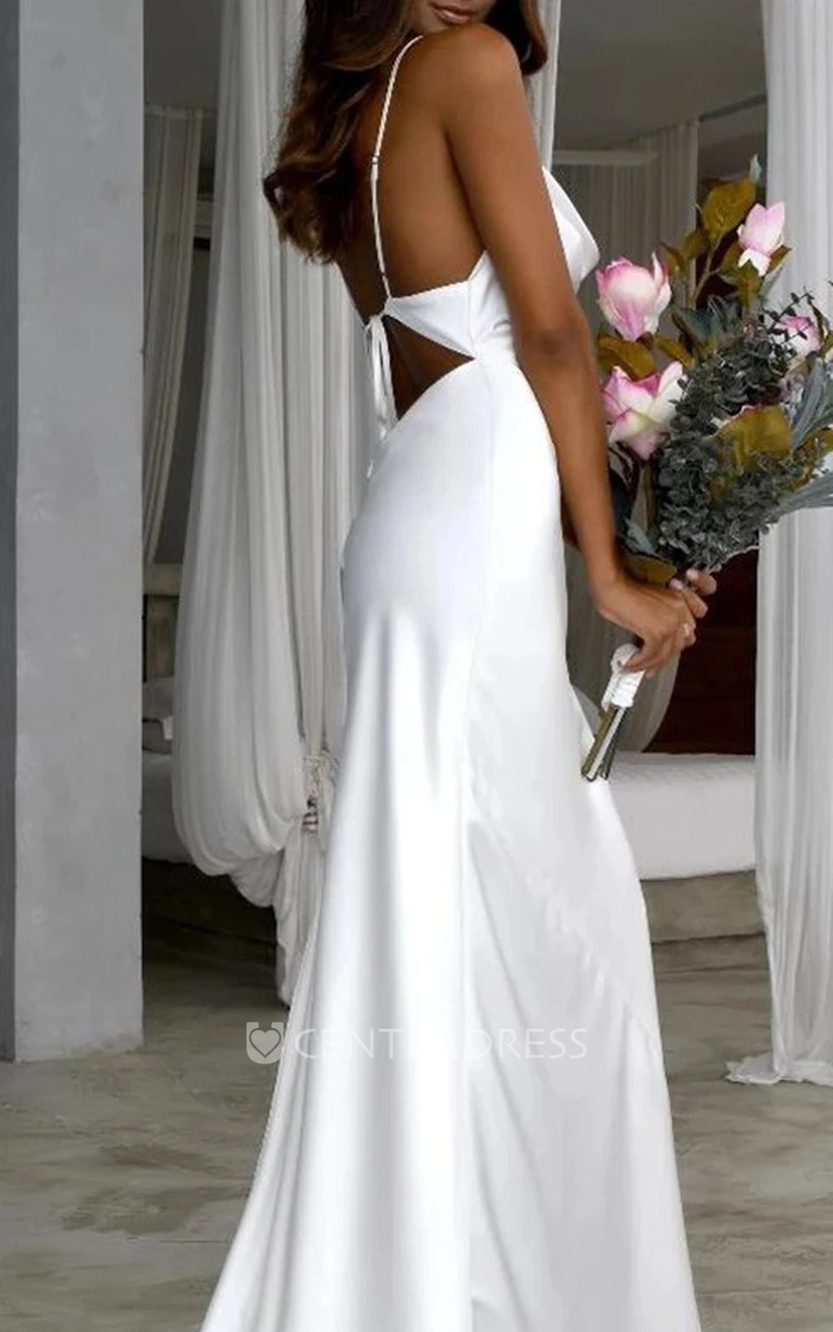 Romantic Sheath Satin Wedding Dress with V-Neck Elegant Garden Style