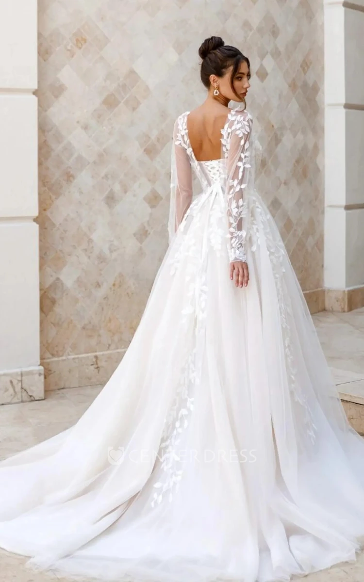 Romantic Floral Lace A-line Flowy Spring Wedding Dress Long Sleeve Illusion Tulle Bridal Gown