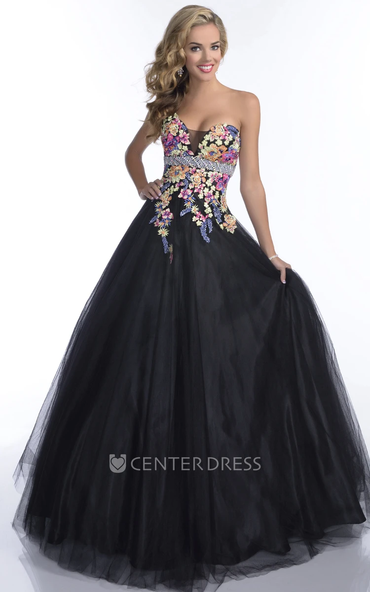 Sweetheart Sleeveless Tulle Prom Dress With Lace Appliques And Beaded Waistline
