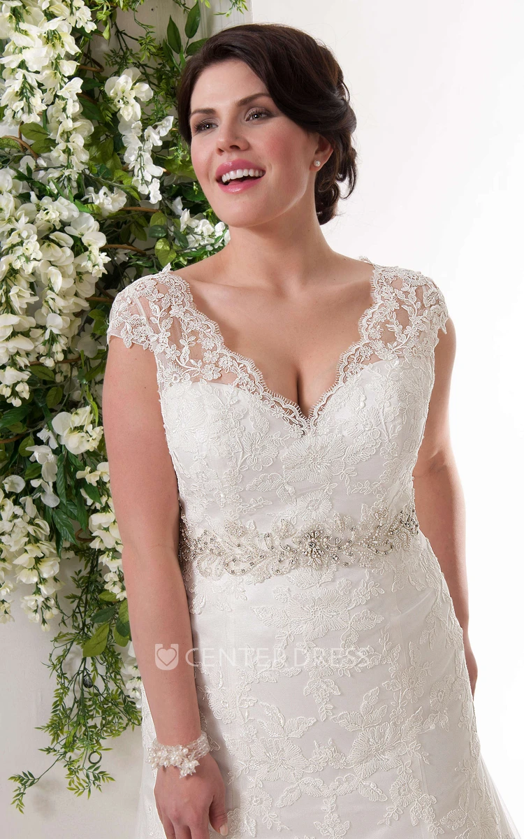 A-Line Cap-Sleeve Appliqued V-Neck Floor-Length Lace Plus Size Wedding Dress With Waist Jewellery
