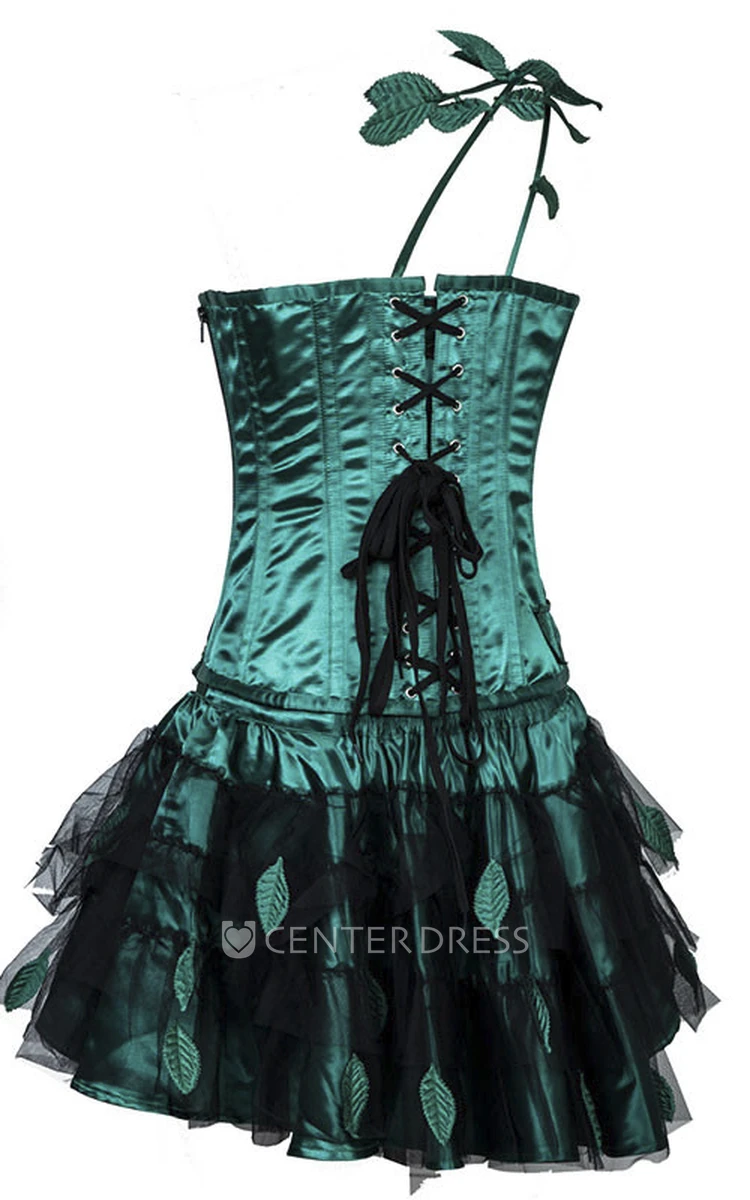 One Shoulder Green And Black Corset Dress With Leaves Appliques And Tiers