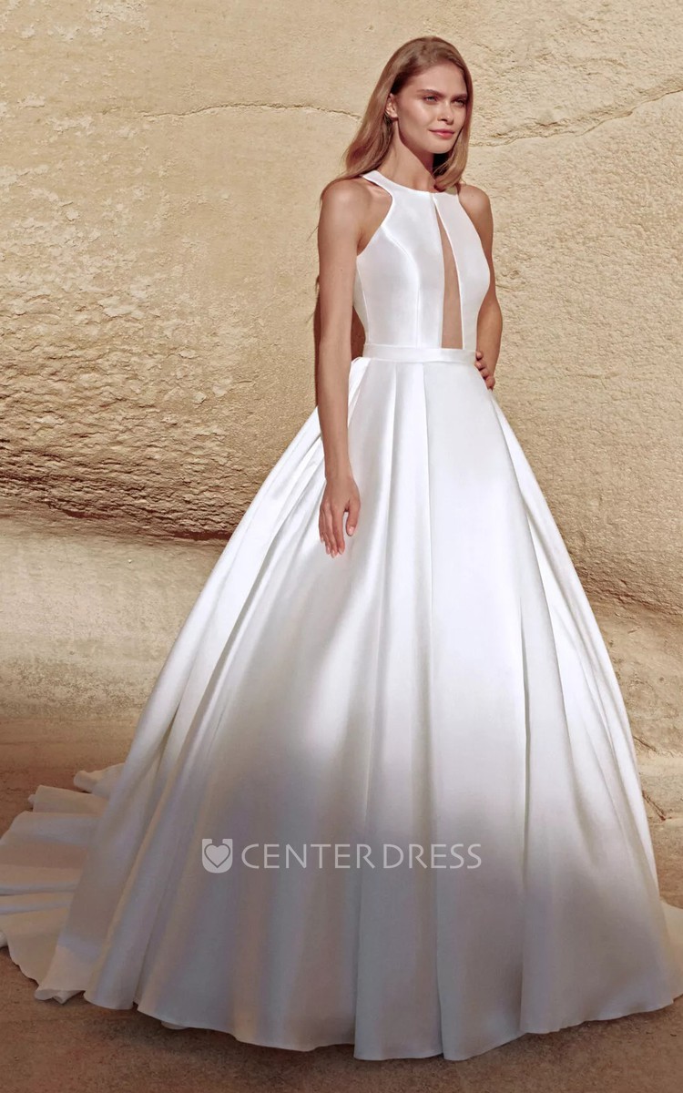 Satin halter shop neck wedding dress