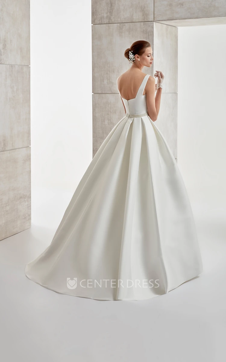 Square-Neck A-Line Satin Wedding Dress With Beaded Belt And Brush Train
