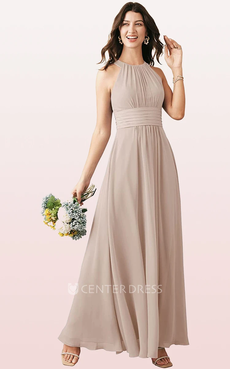 Elegant Chiffon Ankle-length Halter A Line Sleeveless Bridesmaid Dress With Ruching