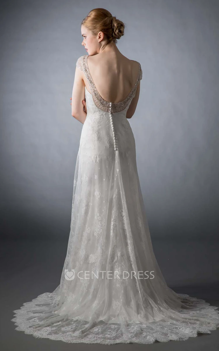 A-Line Scoop-Neck Cap-Sleeve Beaded Floor-Length Lace Wedding Dress With Appliques And Deep-V Back