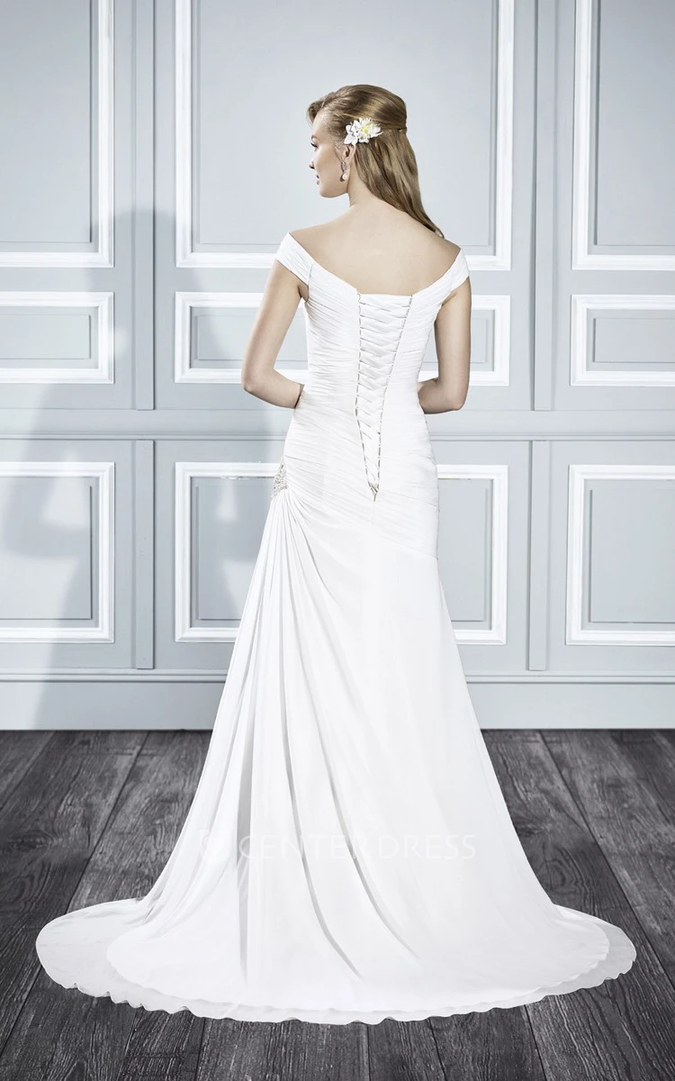 A-Line Floor-Length Off-The-Shoulder Side-Draped Wedding Dress With Beading And Corset Back