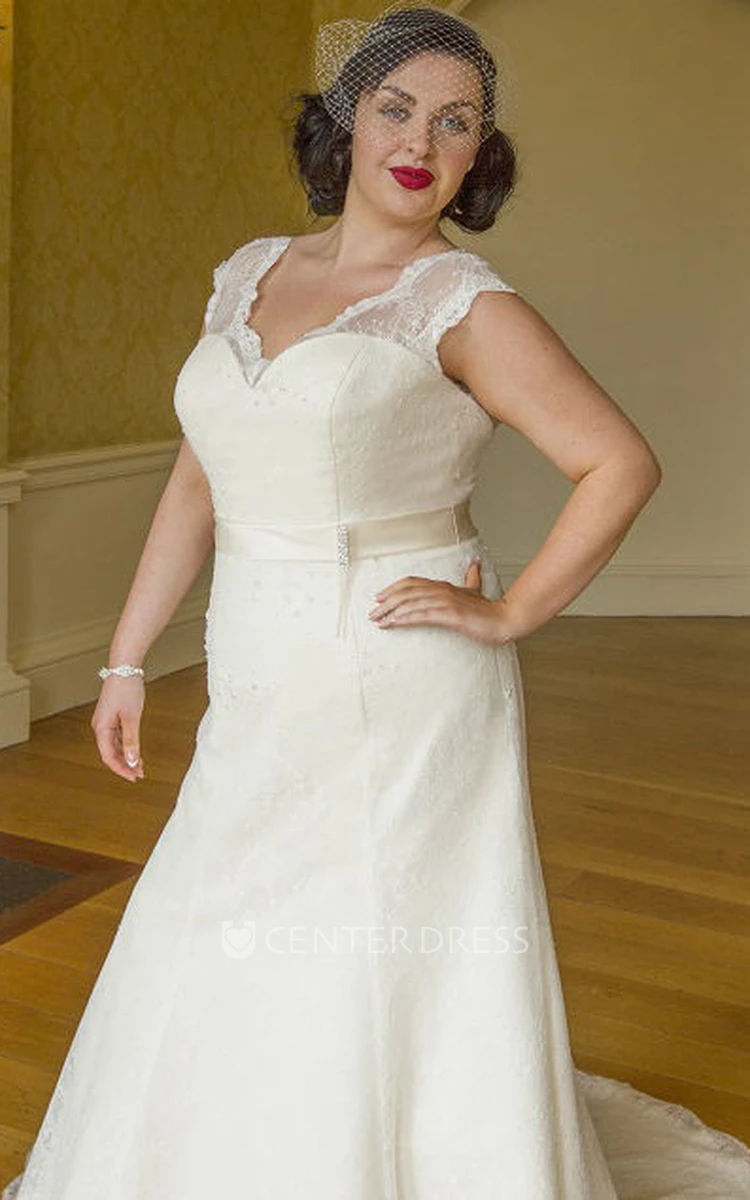 Scalloped V Neck Cap Sleeve Lace Bridal Gown With Satin Sash