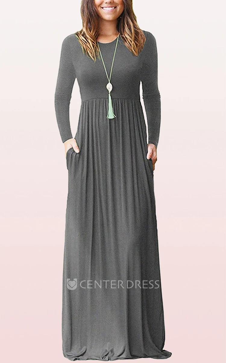 Casual A Line Jersey Long Sleeve Bateau Mother Dress With Pockets
