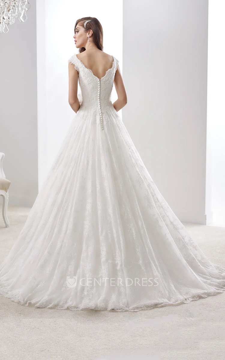 V-neck A-line Floral Wedding Dress with Cap Sleeves and V Back