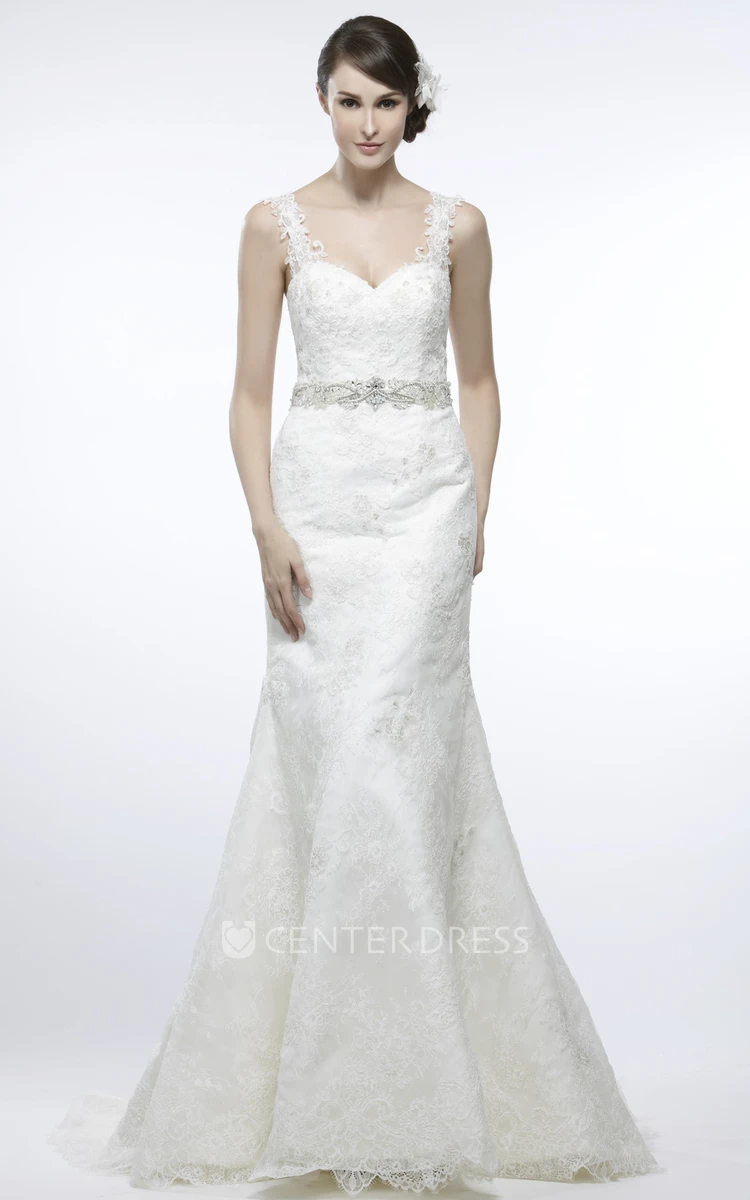 Straps Floor-Length Appliqued Lace Wedding Dress With Court Train And V Back
