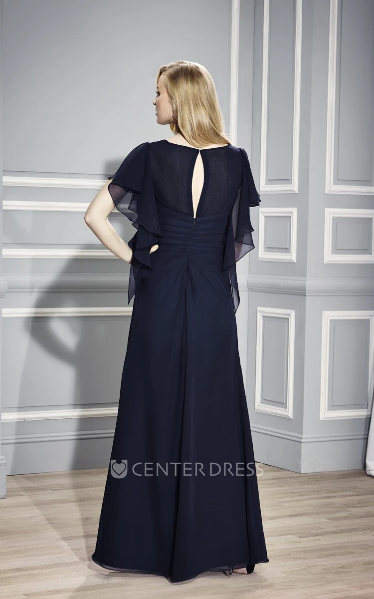 V-Neck Poet Sleeve Jeweled Chiffon Mother Of The Bride Dress With Draping