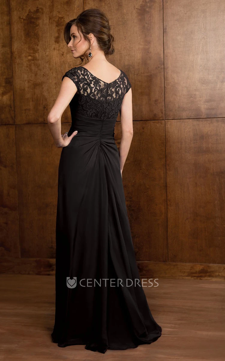 Cap-Sleeved A-Line Gown With Ruffles And Lace Bodice
