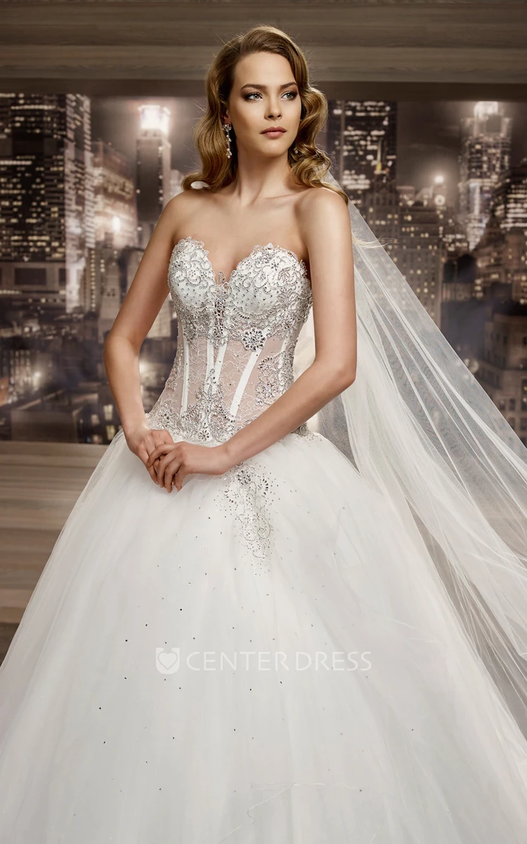 Sweetheart Brush-Train A-Line Bridal Gown With Beaded Corset And Asymmetrical Ruffles