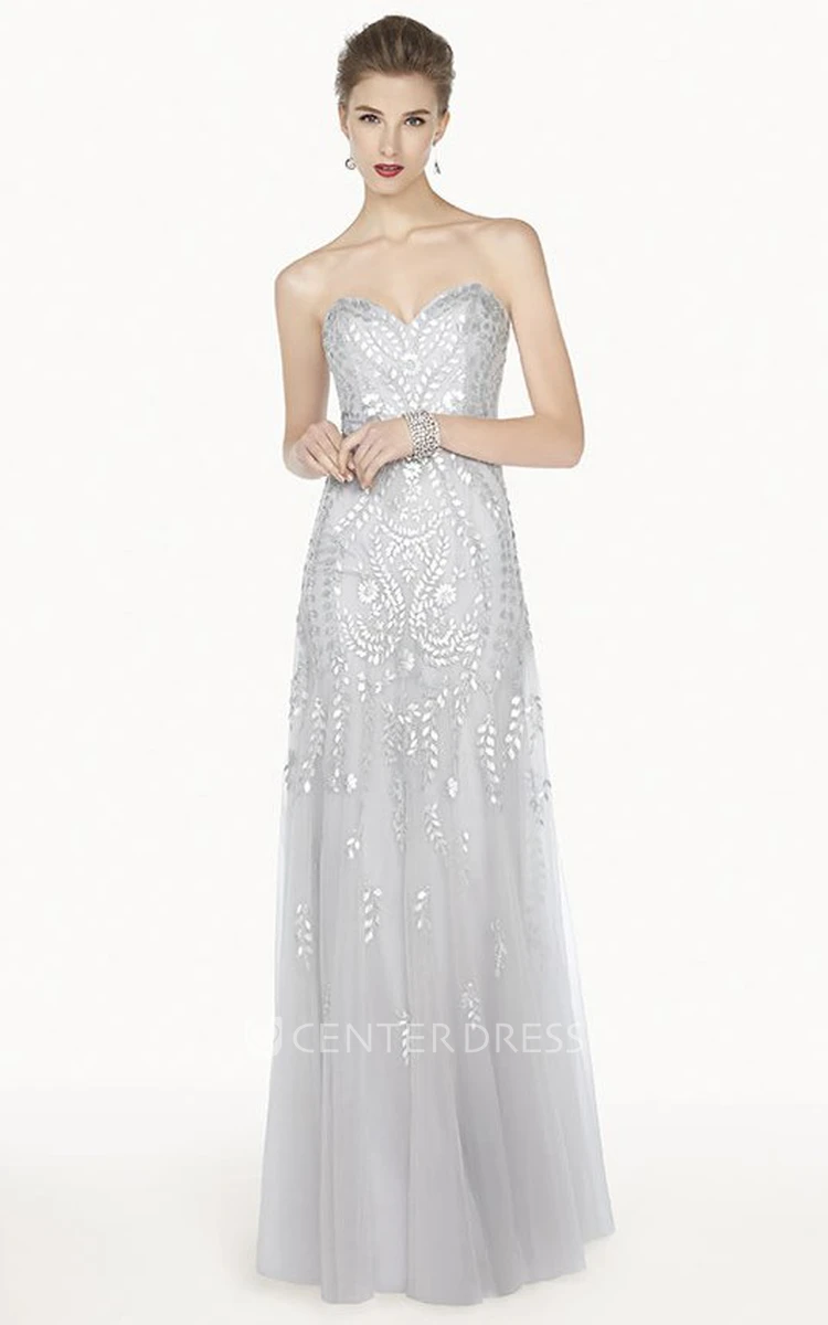 Sweetheart A-Line Tulle Long Prom Dress With Sequined Leaf