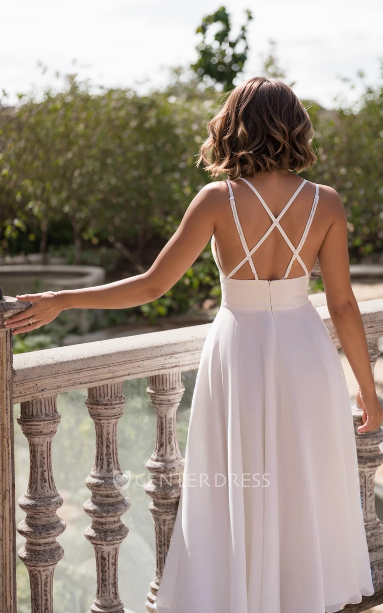 Elegant Sexy A-Line V-Neck Spaghetti Strap Wedding Dress Simple Casual Midi Tea Length Sleeveless Cross Back Vow Renewal Bridal Gown