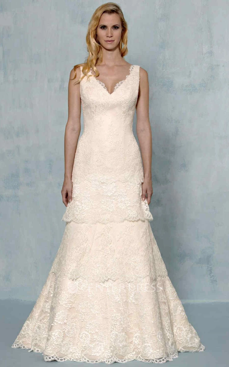 A-Line Appliqued V-Neck Sleeveless Maxi Lace Wedding Dress With Tiers