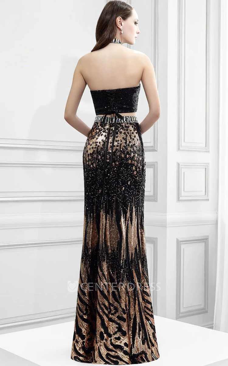 High Neck Sleeveless Beaded Sequin Prom Dress With Bow