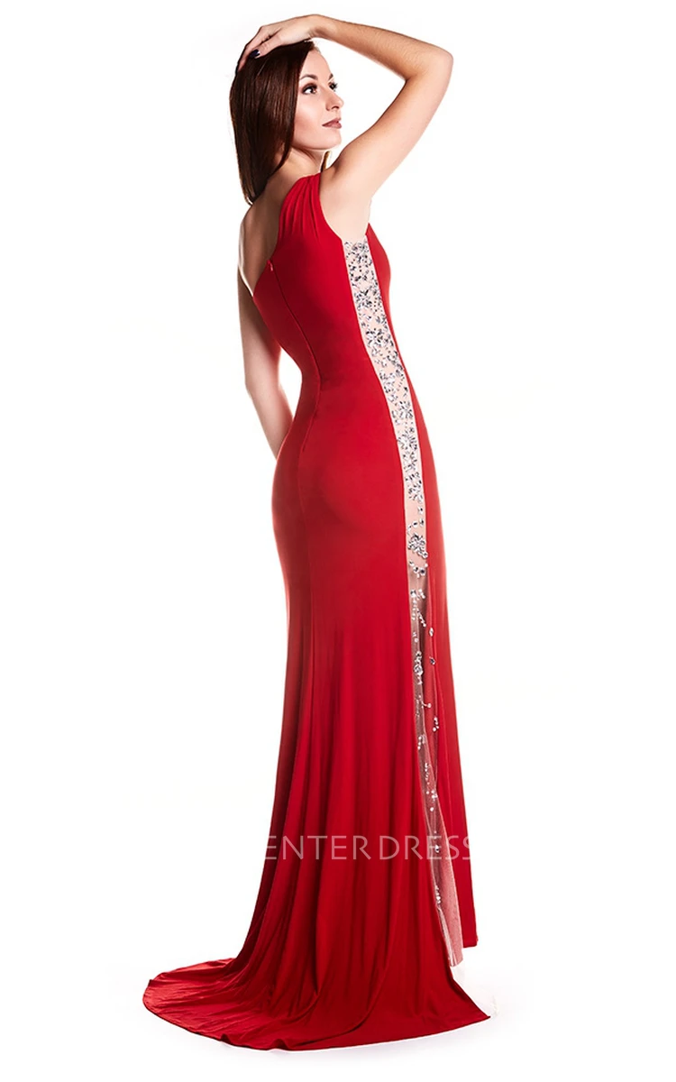 Sheath Sleeveless Floor-Length One-Shoulder Beaded Jersey Prom Dress With Low-V Back And Sweep Train