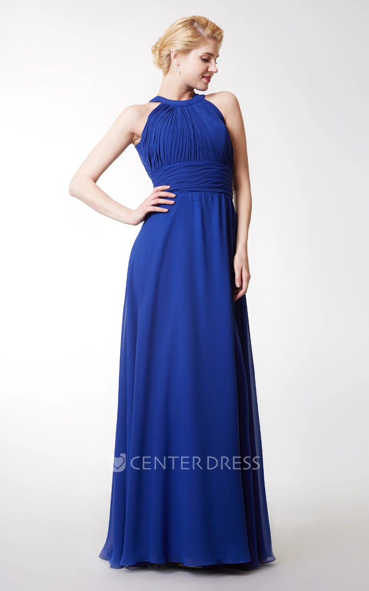 Halter Ruched Long Bridesmaid Dress With Key-hole Back