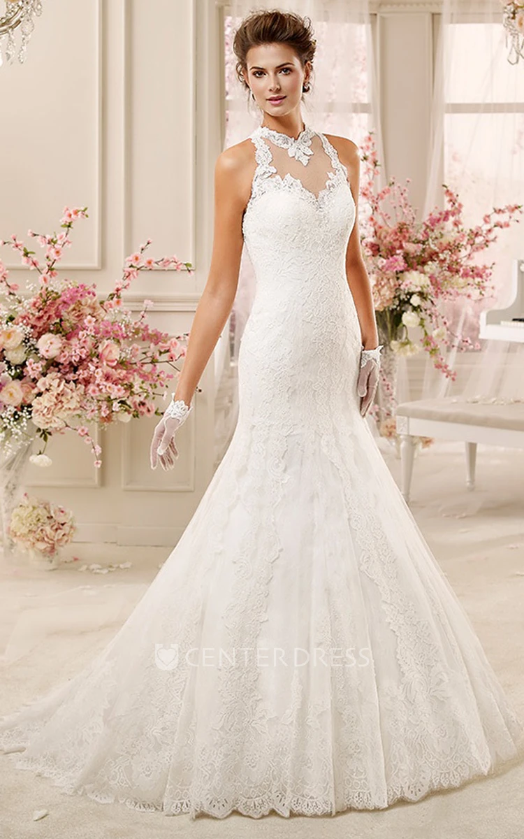 High-Neck Mermaid Lace Wedding Dress With Illusive Lace Neck And Back