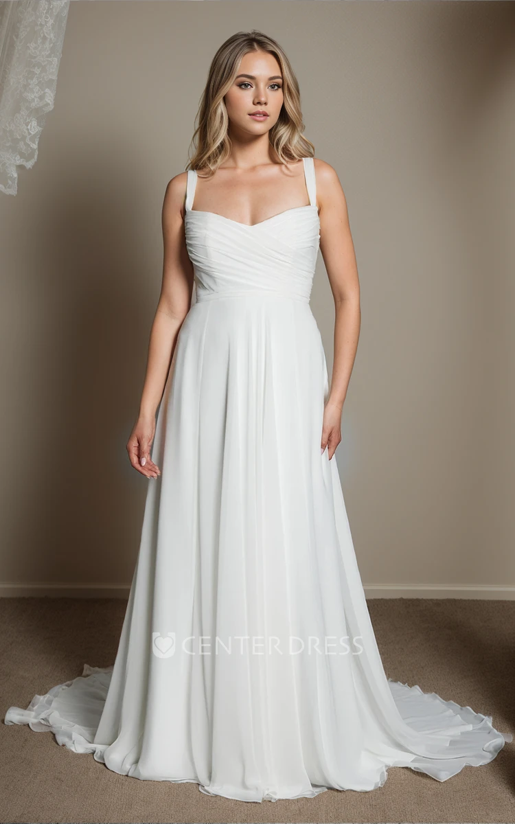 Elegant Solid Chiffon Sleeveless Straps A-Line Ruching Sweetheart Neckline Wedding Dress Sexy Simple Beach Floor-length Court Train Backless Button Zipper Back Bridal Gown