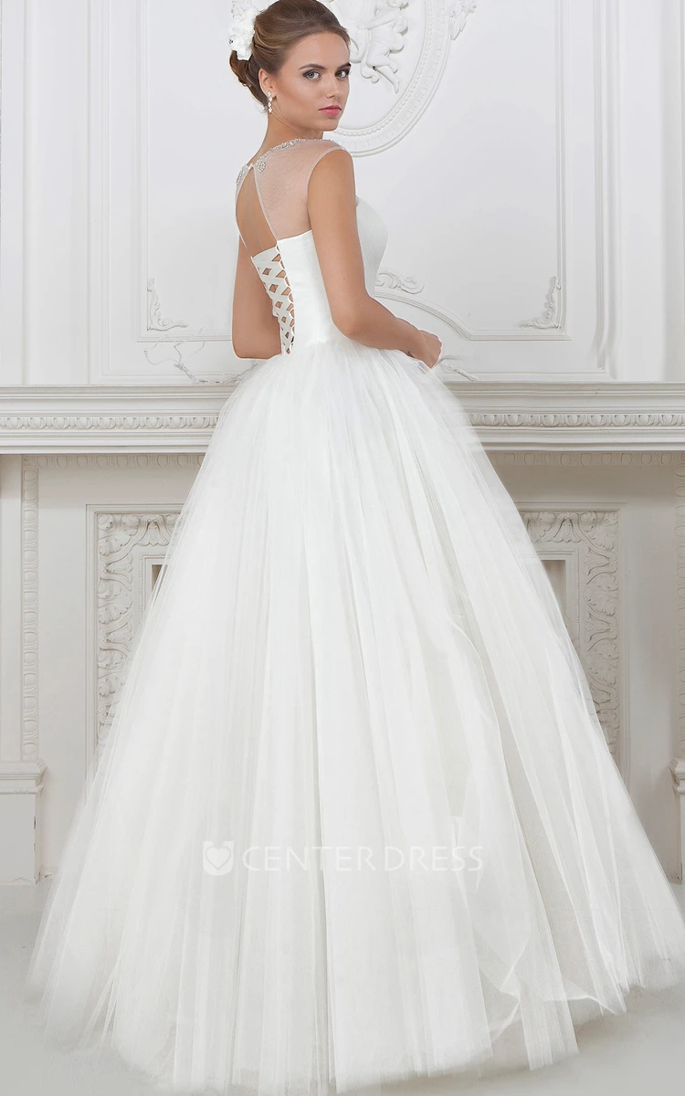 Ball Gown Beaded Floor-Length Scoop-Neck Tulle Wedding Dress With Pleats And Ruching
