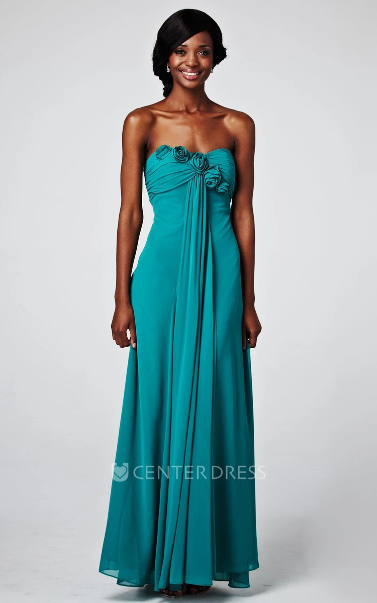 Sheath Floor-Length Sleeveless Strapless Ruched Chiffon Prom Dress With Flower